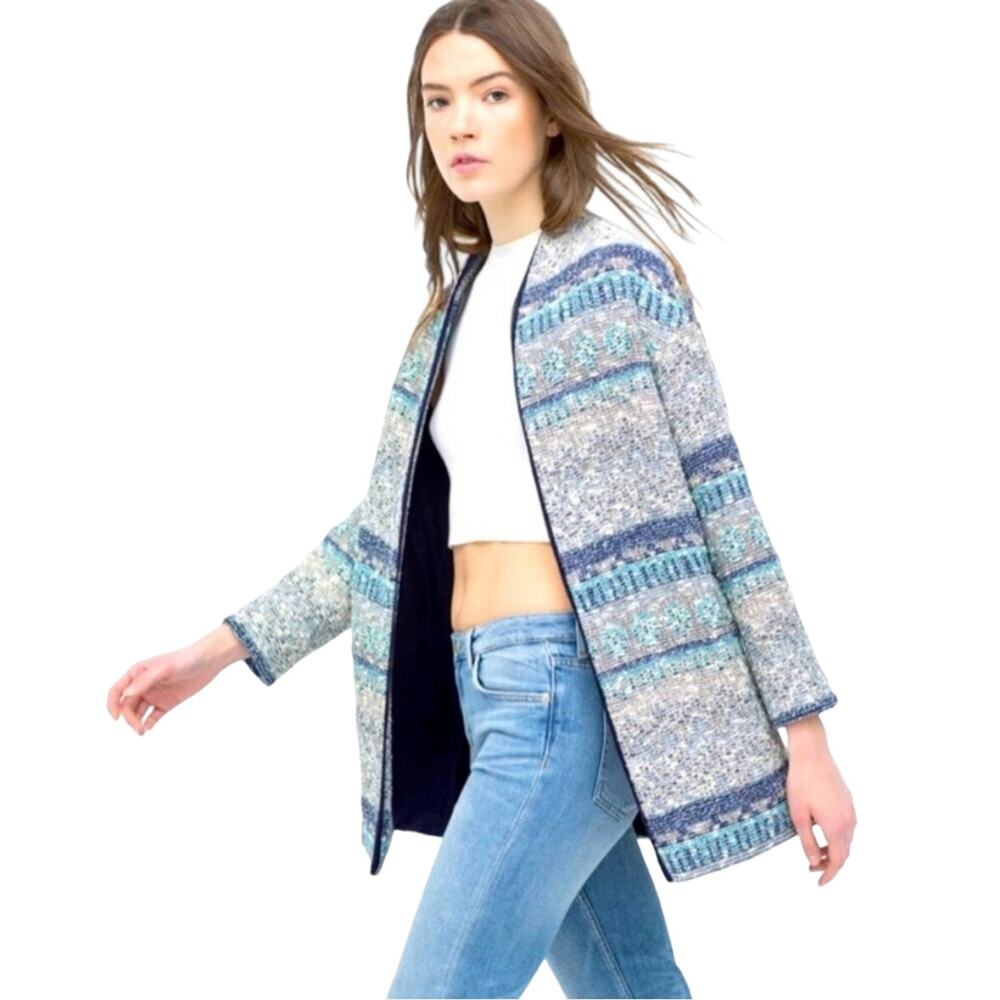 Zara Blue White Tweed Jacquard Open Front Blazer Jacket Size M